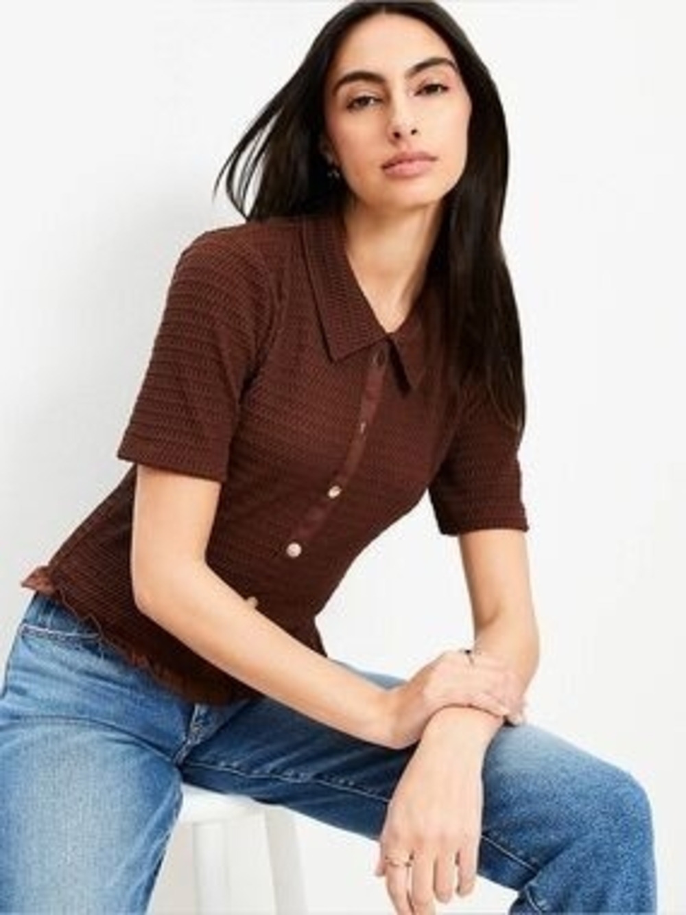 LOFT Brown Short-Sleeve Knit Polo